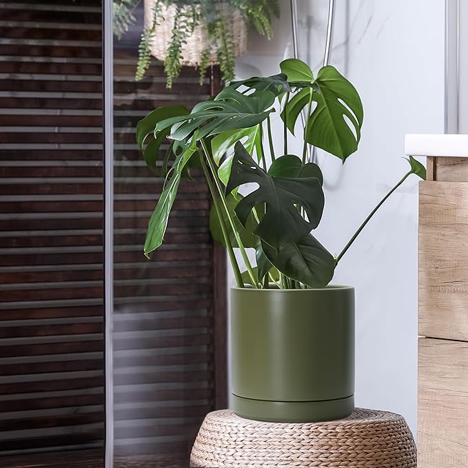 D'vine Dev Set of 2 Plants Pots, 10 Inch Ceramic Planter Pot for Plants with Drainage Hole and Saucer, Olive, 94-V-E-J