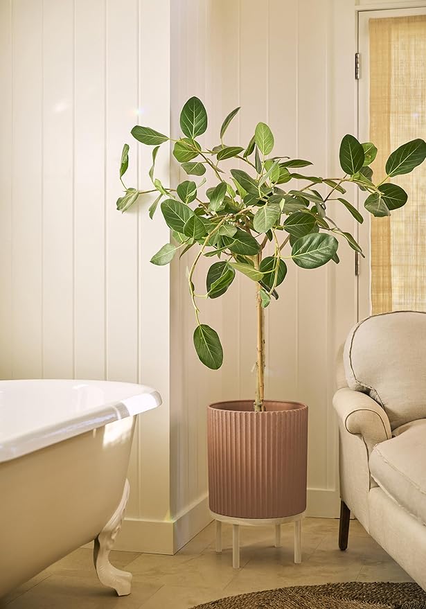 Veradek Demi Series Round Planter w/Stand for Porch/Patio | Durable Plastic-Stone Composite & Wooden Stand | Modern Décor for Tall Plants, Flowers