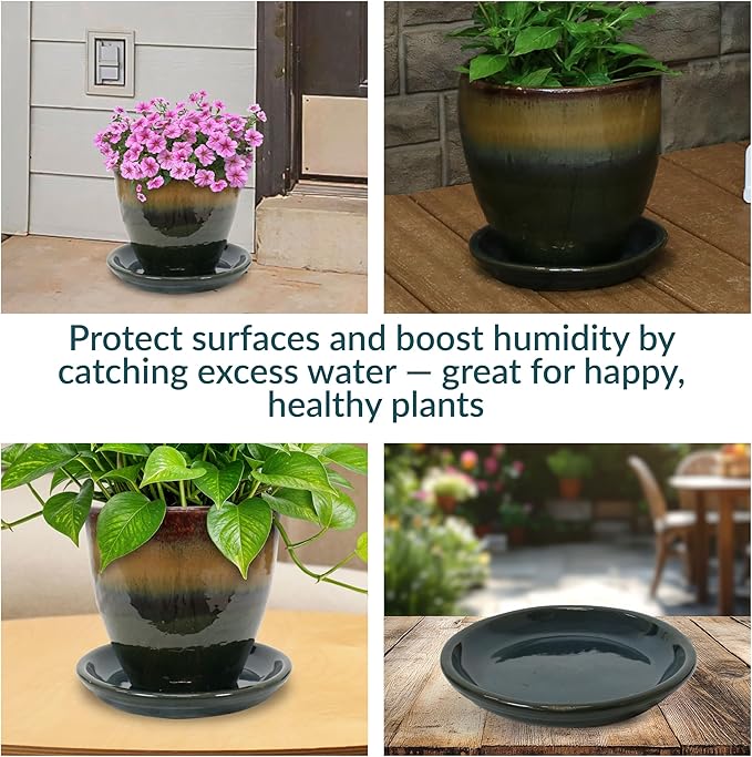 Sunnydaze 7-Inch Ceramic Plant Saucers - Plant Drip Trays for Outdoor Planter Flower Pot Drainage - Set of 2 - Forest Lake Green