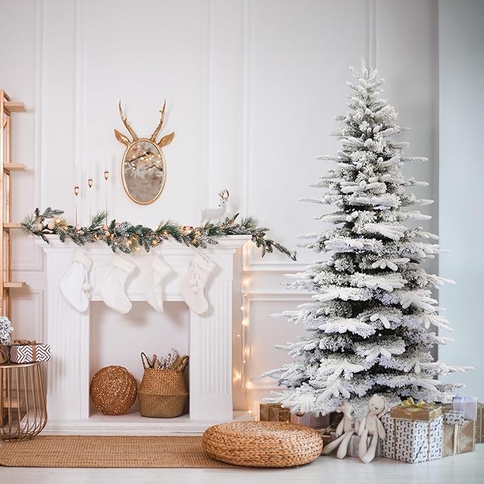 Fraser Hill Farm 10-ft. Pine Valley Flocked Christmas Tree, Huge Fake Christmas Tree with No Lights, Unlit Snowy Artificial Christmas Tree, Festive Indoor Holiday Decoration