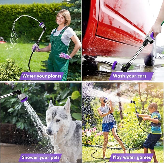 RESTMO Metal Watering Wand, Heavy Duty Garden Hose Wand with 180° Swivel Ratcheting Head, 16'' Hose Nozzle Sprayer with 7 Spray Patterns and Flow Control, for Water Hanging Baskets and Shrubs, Purple