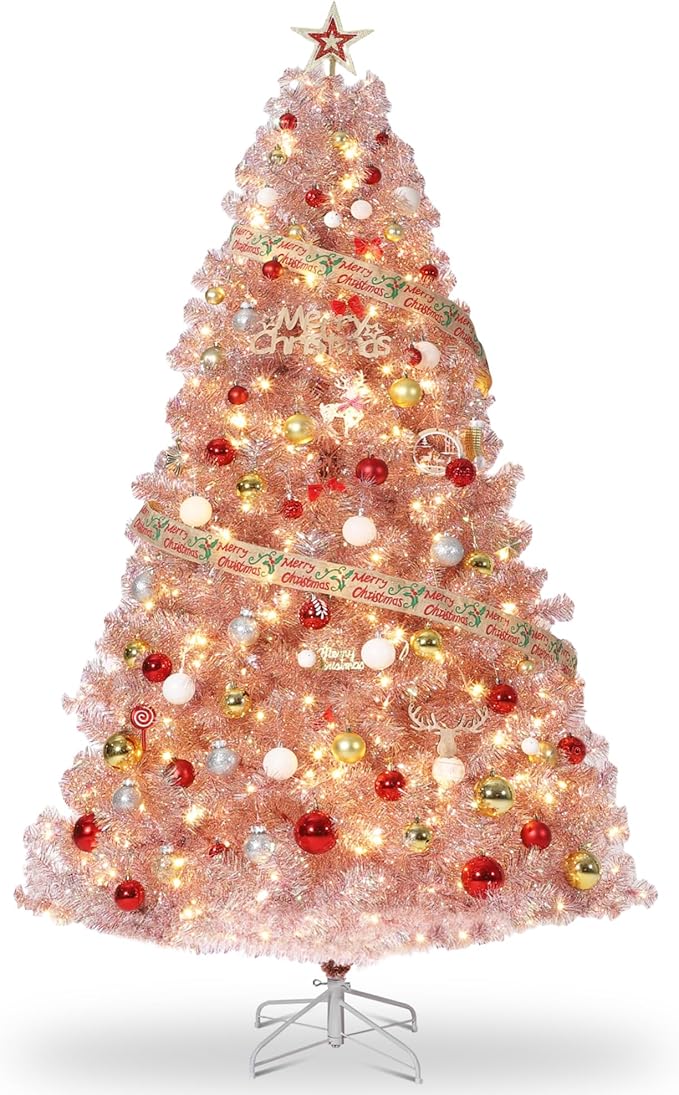 GarveeHome 4.5ft Prelit Artificial Christmas Tree with 150 Warm White Lights, Pre-Lit Snow Flocked Pencil Christmas Tree, Foldable Base,Holiday Decoration for Home, Office, Party,Rose Gold Tinsel