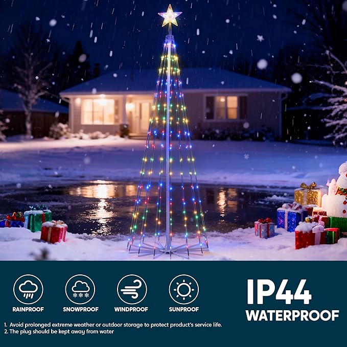 JOIEDOMI LED Christmas Cone Tree Lights, 6FT Outdoor Lighted Tree with 8 Lighting Modes & Star Topper, Christmas Decorations for Yard Porch Patio Garden Holiday Decor, Warm White