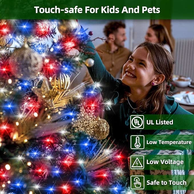 350LED Christmas Lights Indoor Outdoor, 90ft 12 Modes Red Blue and White LED String Lights with Timer Dimmable, Waterproof Tree Lights for Xmas Patio Yard Fence Bedroom Wedding Garden Decor