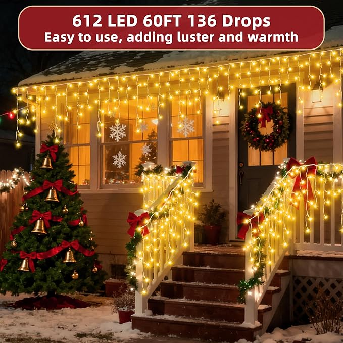 612 LED 60ft Christmas Lights with 136 Drops, 12 Lighting Modes Warm White Christmas Decoration Twinkling Lights Dimmable, Timer Outdoor Waterproof Fairy Lights for Indoor Garden House Eaves Roof