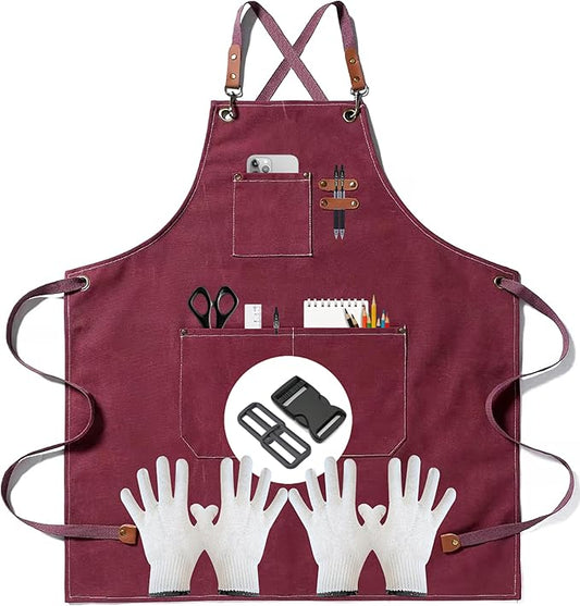 Heavy-Duty Canvas Tool Apron – Adjustable Cross-Back Work Apron with Pockets for Woodworking, Gardening & Crafts
