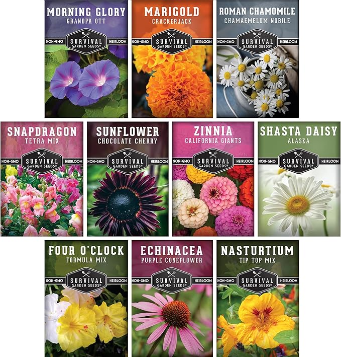10 Flower Seed Collection for Planting | Zinnia, Sunflower, Marigold, Snapdragon, Nasturtium, Morning Glory, Chamomile, Shasta Daisy, Purple Coneflower, Four O’Clock - Survival Garden Seeds