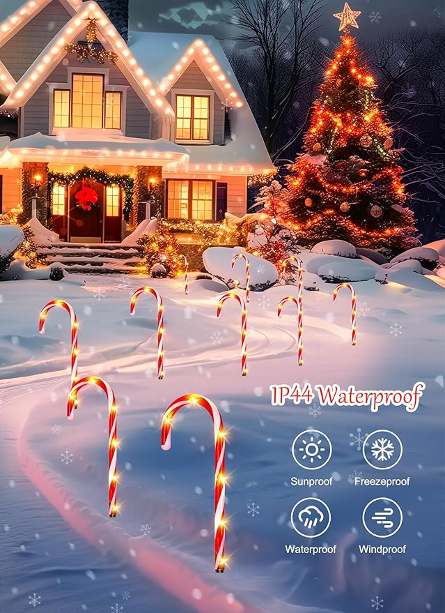 Brightown 20 Packs Solar Candy Cane Lights Outdoor Pathway, 8 Modes LED Outdoor Candy Cane Decorations Yard Lawn Driveway Walkway Sidewalk Christmas Decorations Outside