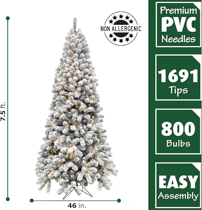Fraser Hill Farm 7.5-Ft. Alaskan Pine Flocked Artificial Christmas Tree with Warm White LED Lights and Stand, Prelit Foldable Fake Tree with Realistic Snowy Foliage for Home Decoration
