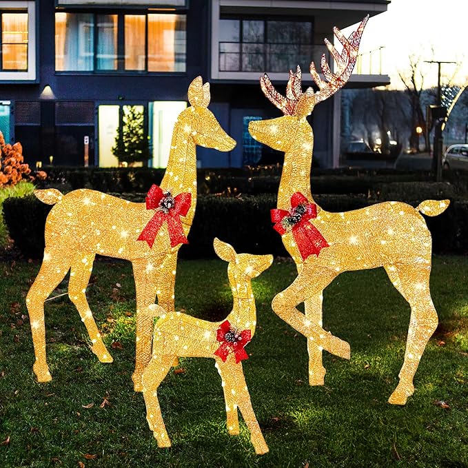 Joiedomi 3 Packs Christmas Decoration Deer Family, 360 LED Lighted Rattan Reindeers Yard Lights, Christmas Outdoor Decorations for Yard Garden Lawn, Xmas Decor, Golden Reindeer