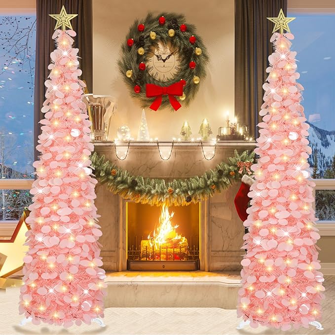 HMASYO 6 FT Pop Up Christmas Tree with 100 LED Lights & Remote, Pink Christmas Tinsel Tree, Collapsible Artificial Pencil Tree for Home Office Party Decor, USB Powered Timer Lights, Easy Assembly