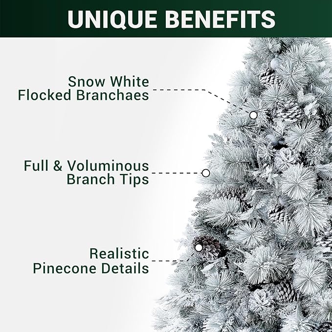 Darla 6.5ft Snow Flocked Rotating Christmas Tree with Star Projector, 35 Pine Cones, 674 Branch Tips, 300 Warm Lights and Rotating Base, 44" Wide Snowy Frosted Pine Christmas Tree with Lights