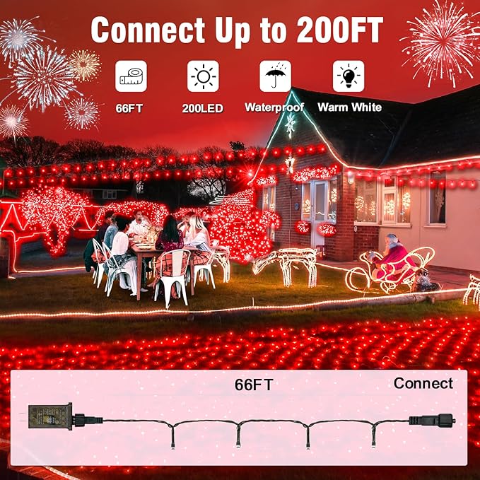 Nisocy 66FT 200 LED Red String Lights with Green Wire, Waterproof Christmas Tree Fairy Lights with 8 Modes, Indoor Outdoor Decorative Lighting for Holiday, Party, Garden, Patio