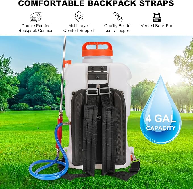 Toovem Battery Powered Backpack Sprayer 4 Gallon, Adjustable 0-94 PSI, 4FT Hose, 6 Nozzles, Weed Yard Sprayer with Wand, Electric Backpack Garden Sprayer with Wheeled Cart for Weeding, Long Spray Time