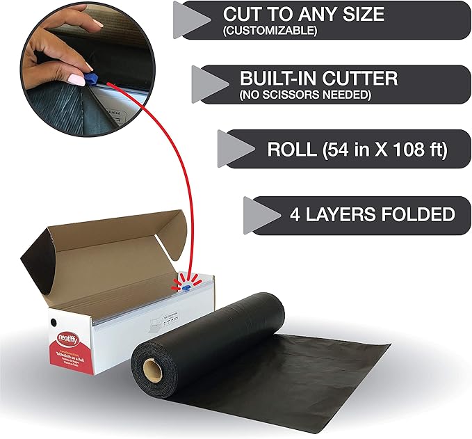 Neatiffy Disposable Plastic Table Cloth Roll | 54 in x 108 Ft Waterproof Tablecloth | Table Cover for Rectangle, Square, Round Oval Tables | Picnic, Party, Banquet, Birthdays, Weddings - Black
