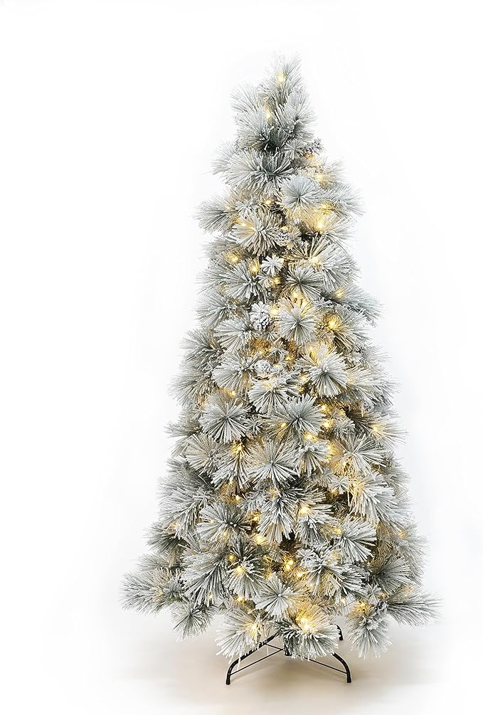 LuxenHome 6.5FT Christmas Tree with Lights, Flocked Pine Tree with 350 LED Lights, Full Downswept Christmas Trees with Lights and Metal Stand for Living Room, Entryway Holiday Decor