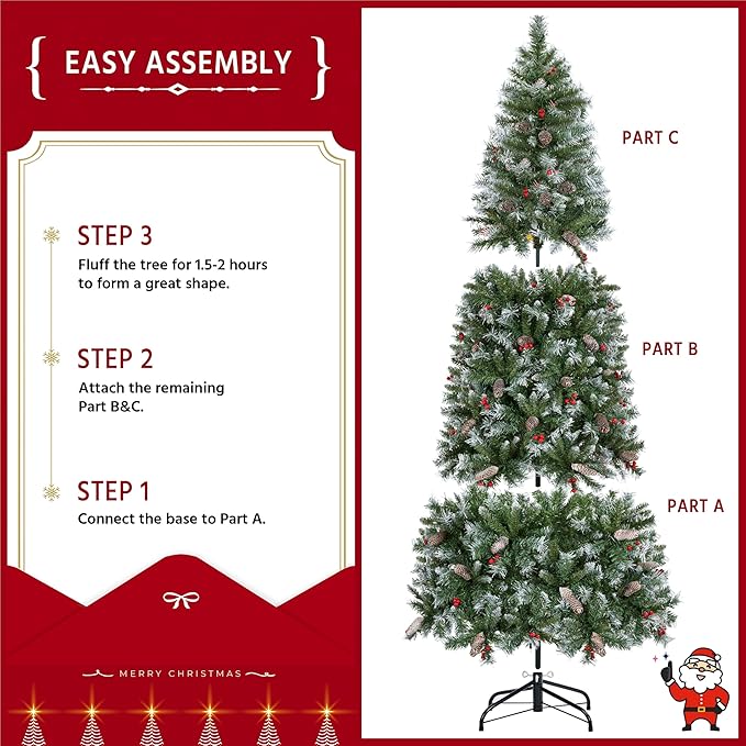 Yaheetech 7.5ft Pre-lit Frosted Artificial Hinged Christmas Tree with 1398 Flocked PVC Tips,88 Pine Cones,88 Holly Berries & 500 Warm White Lights,Foldable Stand,Green