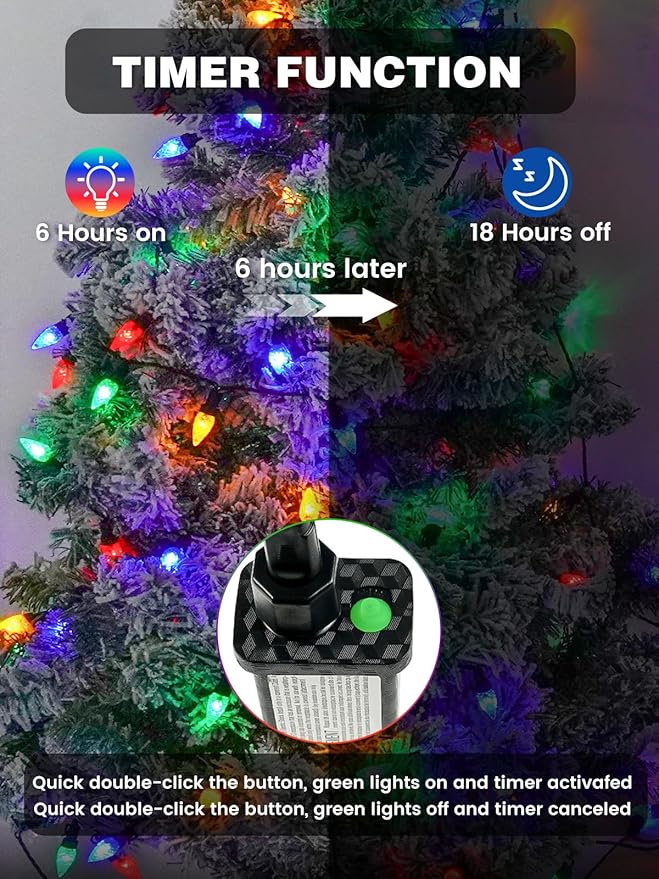 2 Pack C6 Christmas Lights Outdoor Indoor, Total 200 LED 66 FT Connectable Christmas String Lights with Timer & 13 Modes, Waterproof Twinkle Light for Xmas Tree Party Wedding Decorations (Multicolor)