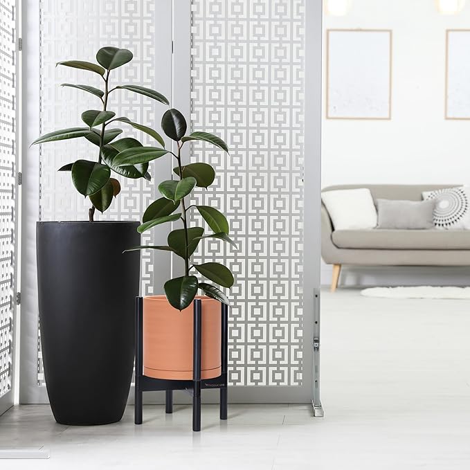 D'vine Dev Terracotta Planter with Ebony Stand - 10 Inch Modern Round Flower Pot with Wood Planter Holder, Terracotta, 55-B-L-5