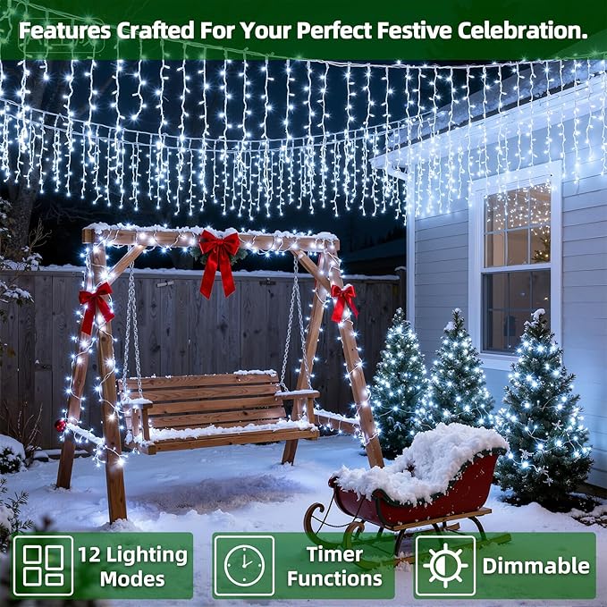 1620 LED Christmas Lights with 360Drops, 164ft 12 Modes Cool White Outdoor String Lights with Timer Dimmable, Waterproof Hanging Twinkle Lights for Halloween Holiday Wedding Eaves Christmas Decor