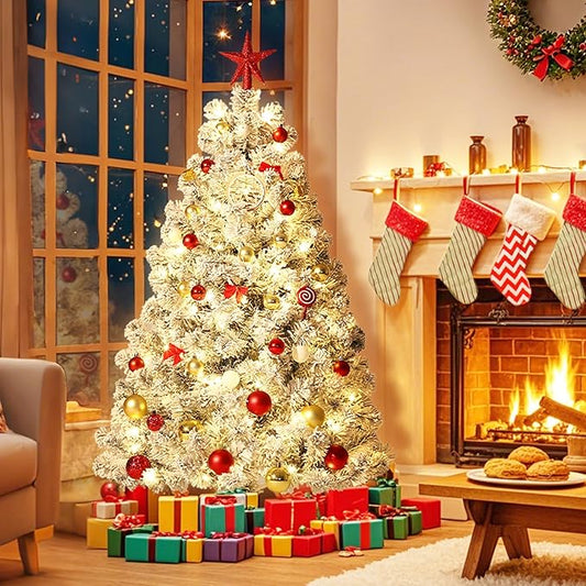 GarveeHome 6ft Prelit Artificial Christmas Tree with Warm White Lights, Snow Flocked Full Xmas Tree with 710 Branch Tips, 250 LED Lights & Foldable Stand, Green & White Christmas Decorations