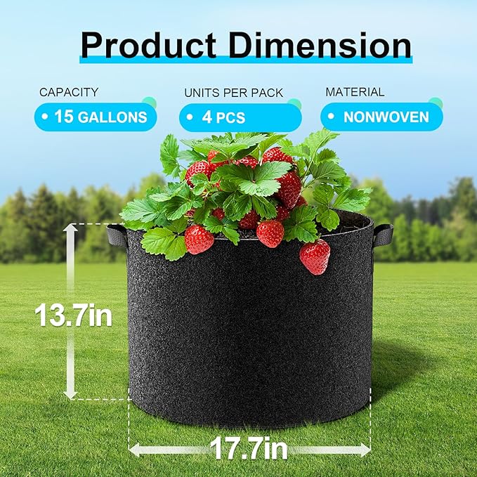 Land Guard 4-Pack Fabric Grow Bags 15 Gallon, Thickened Nonwoven Garden Pots, Growing Bags with Handles, Black