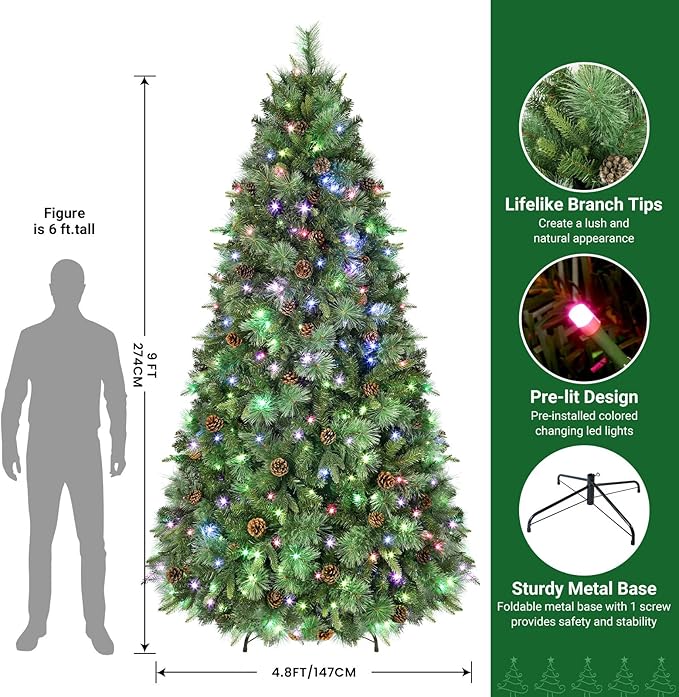 SHareconn 9ft Prelit Artificial Hinged Christmas Pine Tree with Remote Control, Upgraded Version with Pre-Lit 670 Led Color Changing RGB Lights, Pine Cones, Perfect Choice for Xmas Decoration, 9FT