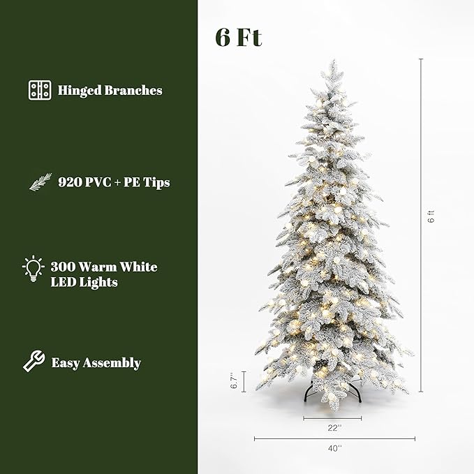 LuxenHome 6FT Flocked Christmas Tree with Lights, Downswept Slim Prelit Christmas Tree with 300 Adjustable LED Globe Lights, 920 PE+PVC Tips, Lighted Xmas Trees for Holiday Decoration