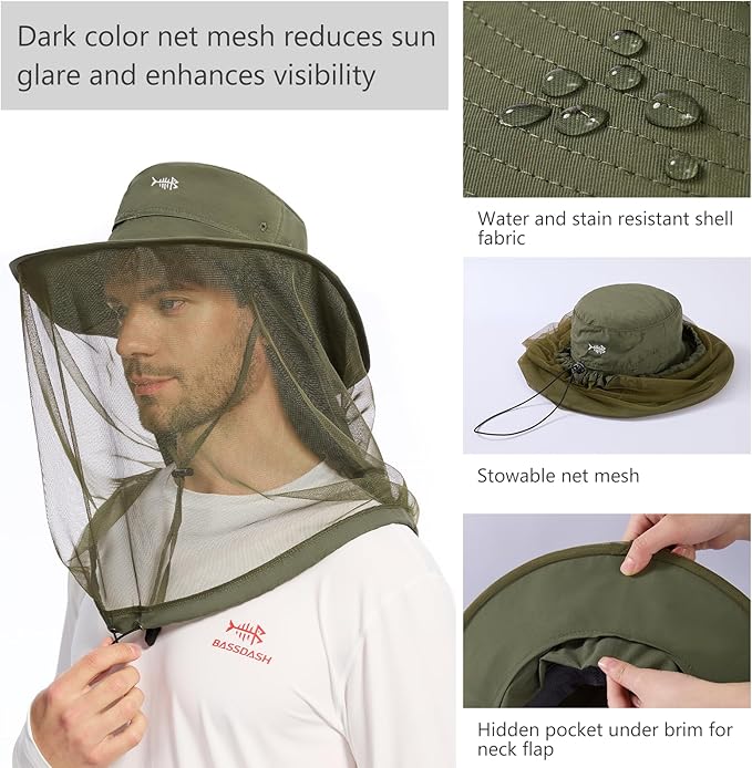 BASSDASH UPF 50+ Mosquito Net Hat with Stowable Neck Flap for Men Women Outdoor Fishing Hiking Camping Gardening FH17