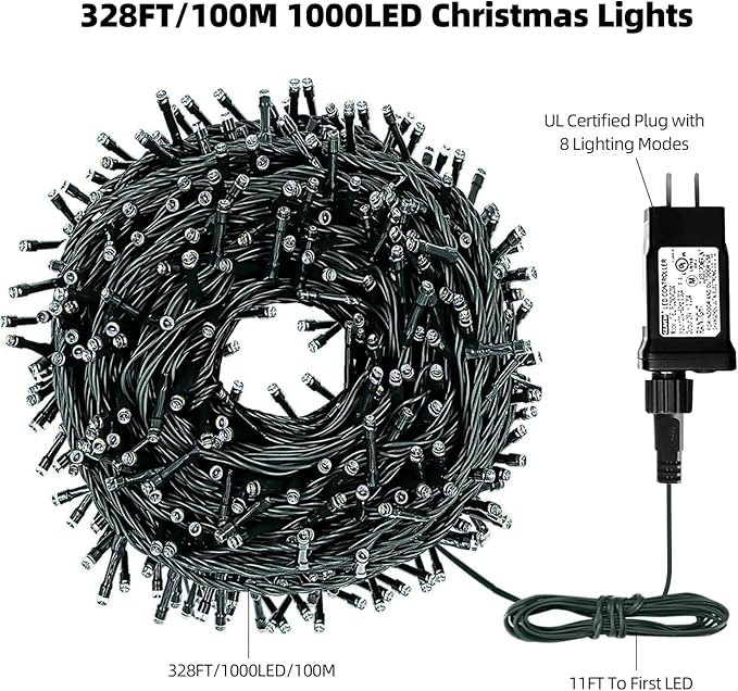 328FT 1000LEDs Christmas Lights Outdoor Indoor 8 Modes for Christmas Tree Party Decoration, 100% UL Listed (Multicolor)