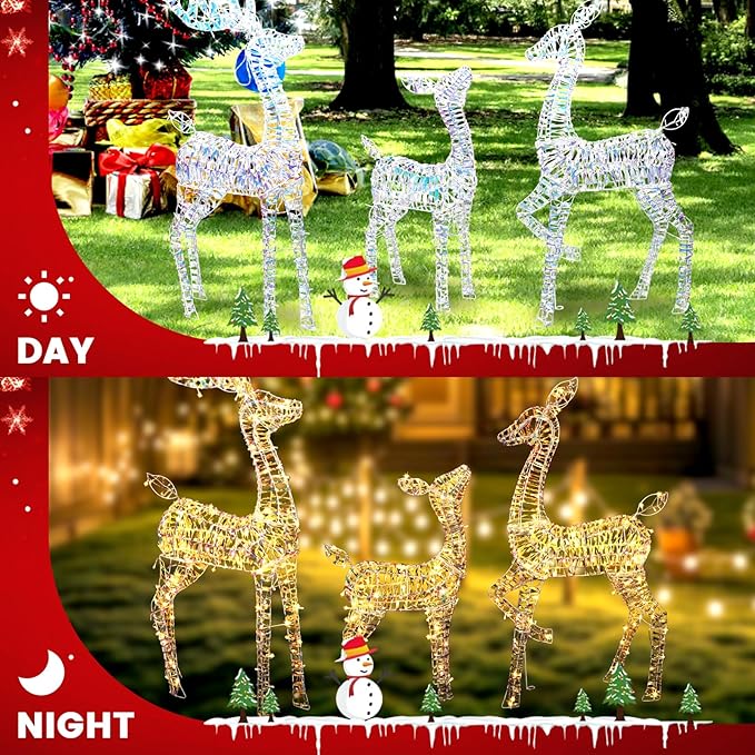 51" H Christmas Iridescent Reindeer Decoration Family Set for Yard 3-Piece Light Up Deer with 360 LED Lights and Ground Stakes 3D Large Outdoor Holiday Decoration for Patio, Lawn, Garden