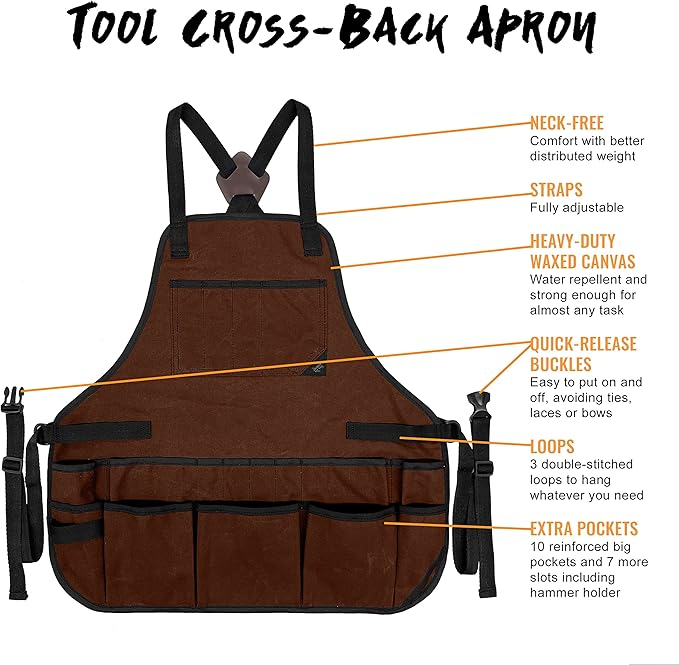 Under NY Sky Tool Apron - 20 Pockets and Slots, Cross-Back, Heavy-Duty Waxed Canvas - Woodwork, Garden, Shop (Brown Cross-Back)