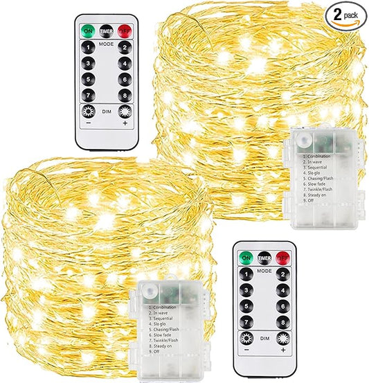 2 Pack 200LED Christmas Battery Operated Fairy Lights with Remote, 8 Modes String Light with Timer, Dimmable, Memory Function, Waterproof Twinkle Lights for Outdoor Indoor Christmas Decor(Warm White)