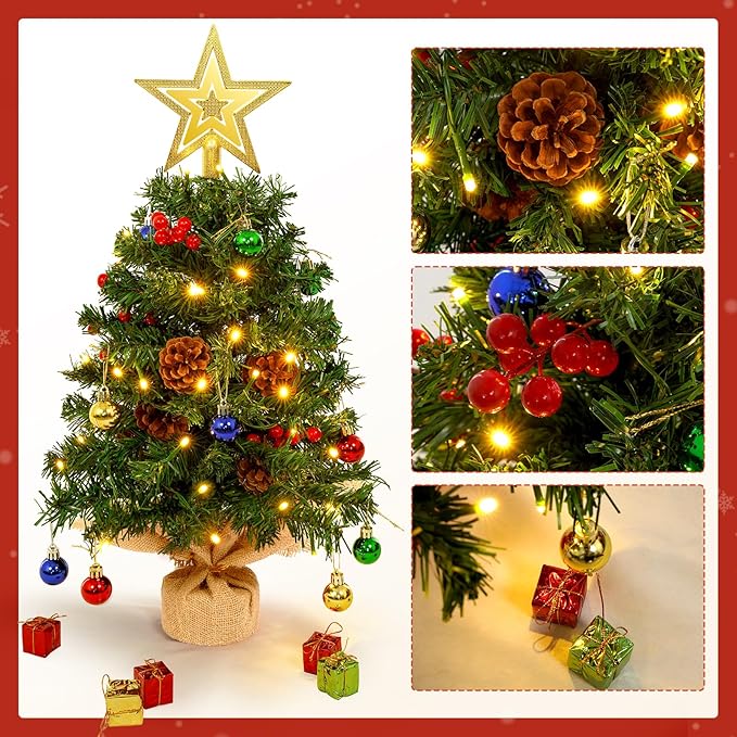 Uten Mini Christmas Tree Small Christmas Balls Round Pine Cones/red Fruits/Gift Box, Treetop Star 50 LED Waterproof Battery Box with Red Cement Base Christmas Decorations for Home, Office, Party