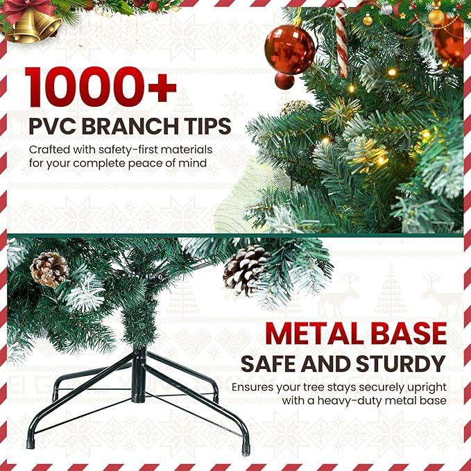 Beyond Prelit 7FT Artificial Christmas Tree with 250 LED Warm White Lights, Hinged Green Christmas Tree with 1100 Branch Tips and Pinecone, Xmas Tree with Metal Stand for Home, Party Decoration, Green