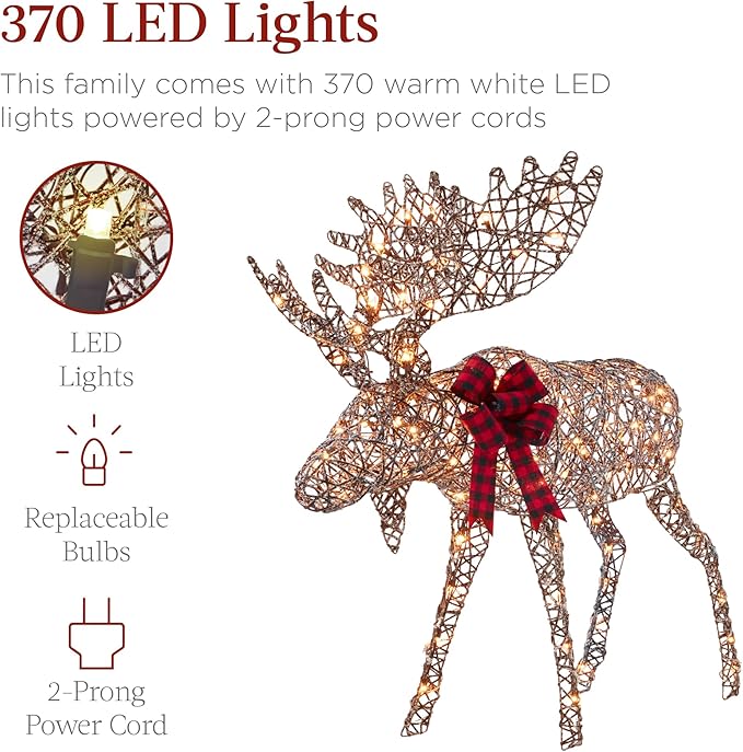 Best Choice Products 5ft 2-Piece Moose Family, Lighted Outdoor Christmas Yard Decoration, Light-Up Décor Set w/ 370 LED Lights, Zip Ties - Rattan