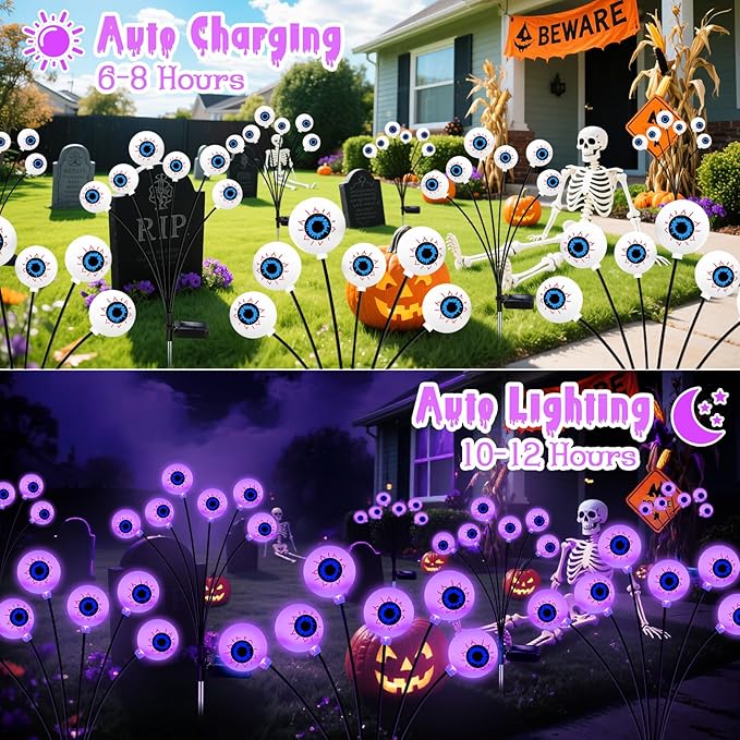 Kohlrabi Halloween Decorations Outdoor, 8 Pack 48 LED Solar Scary Eyeball Swaying Lights, Purple Solar Firefly Light Waterproof Outdoor Garden Lights for Halloween Yard Garden Lawn Party Flower Bed
