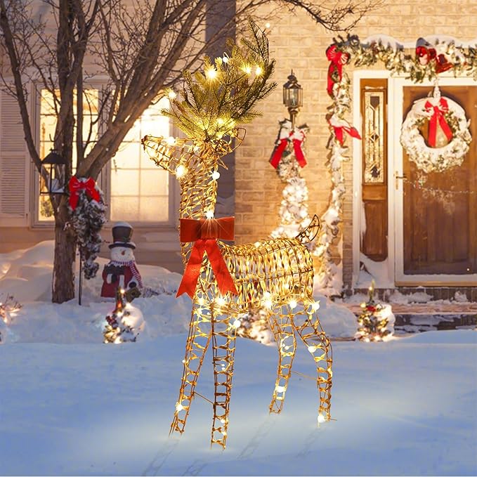 LightsUp Christmas Reindeer Outdoor, 51" H Lighted Reindeer Outdoor Christmas Decor 70 Warm White LED, 3D Rattan Deer Standing Twinkle Deer for Home Yard Patio Garden Outside Decorations