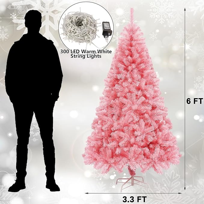 Juegoal 6 FT Artificial Christmas Tree (NOT Pre-Strung) with 300 LED Warm White String Lights, Spruce Hinged Tree, 8 Lighting Modes, Fake Xmas Pine Tree with Metal Legs, 850 Branch Tips, Pink