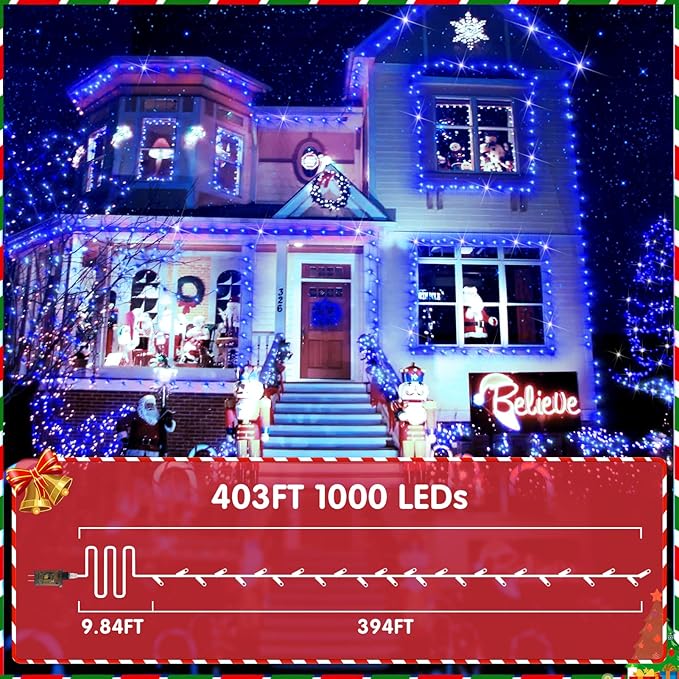 XURISEN 403FT 1000 LED Christmas Lights Outdoor Green Wire String Lights 8 Modes with Timer Memory Waterproof Fairy Light Plug in for Xmas Tree Wedding Yard Party Holiday Decorations(Blue)