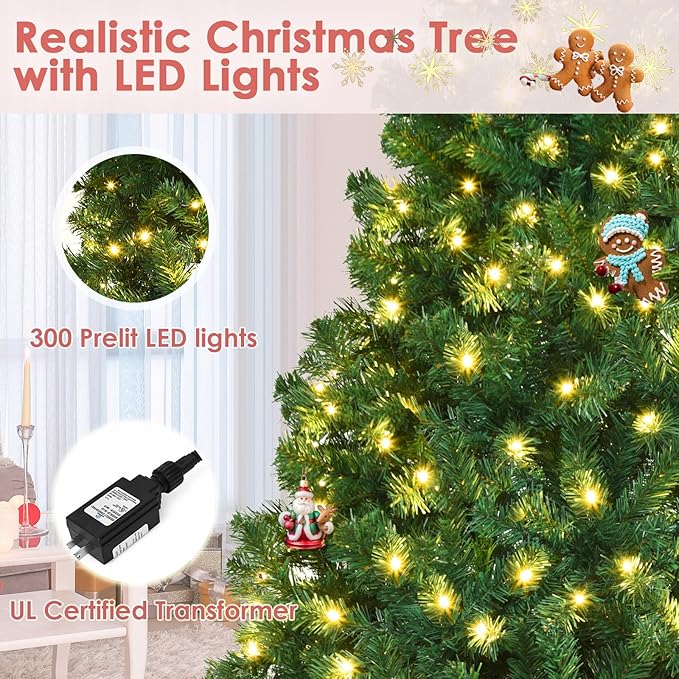 7ft Prelit Christmas Tree, Indoor Xmas Tree w/ 1096 PVC Branch, Pre-Strung 300 Warm White LED Lights & Metal Hinge,Easy Set Up, Artificial Christmas Tree for Home, Holiday, Party Decoration