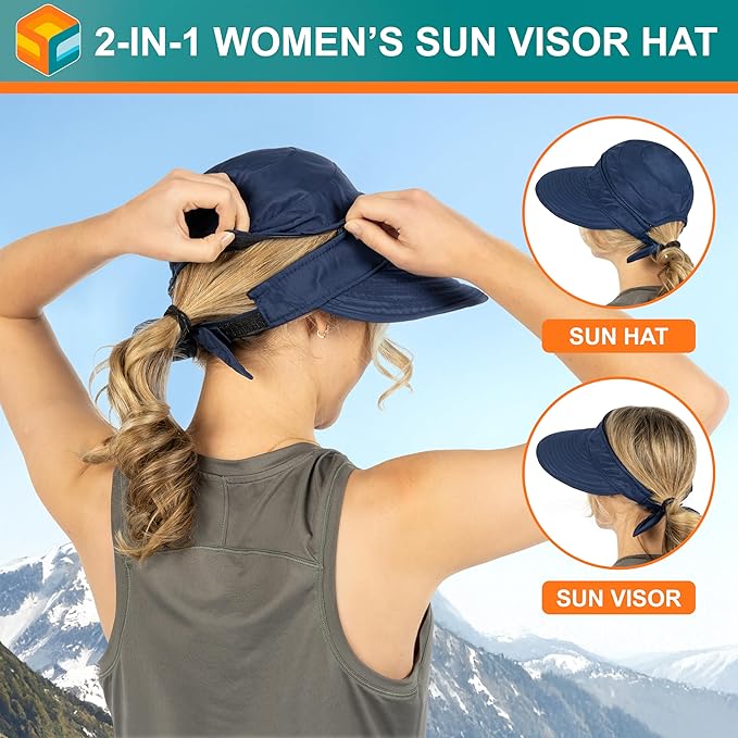 SUN CUBE Women Sun Hat for Outdoor UV Protection, Wide Brim Sun Hat Ponytail, Convertible Zip-Off Beach Hat Visor