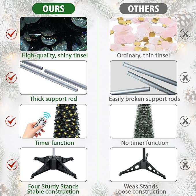 HMASYO 6 FT Pop Up Christmas Tree with 100 LED Lights & Remote, Black Christmas Tinsel Tree, Collapsible Artificial Pencil Tree for Home Office Party Decor, USB Powered Timer Lights, Easy Assembly