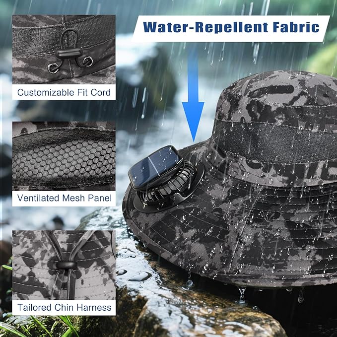 Solar Fan Hat for Men Women - Wide Brim Solar Fan Outdoor Fishing Hat with 2 Removable Fans