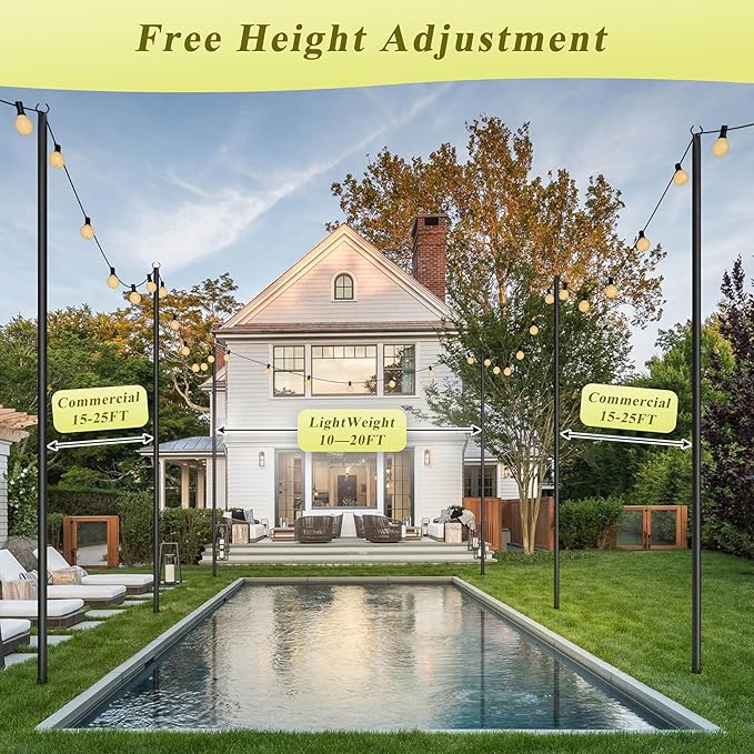 4 Pack String Light Poles for Outside, 10Ft Adjustable Outdoor Light Poles for String Lights, Outdoor Lighting Stand with Fork for Patio, Deck, Backyard, Garden, Party & Wedding