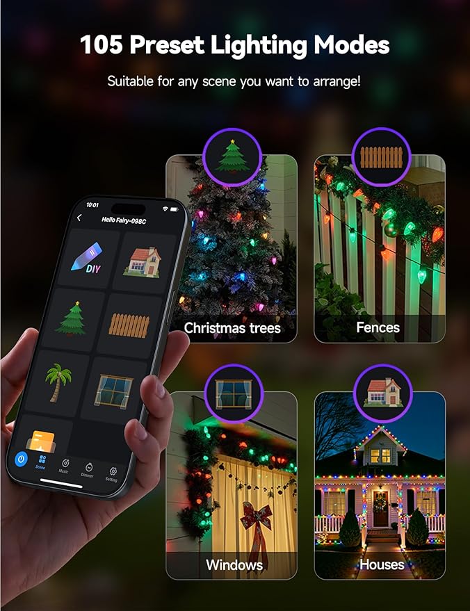 Minetom Smart C9 Christmas Lights Outdoor, 100 LED 115FT Christmas Color Changing Fairy Lights App Control, Music Sync, 105 Preset Modes, Connectable RGB C9 String Lights for House Indoor Xmas Decor