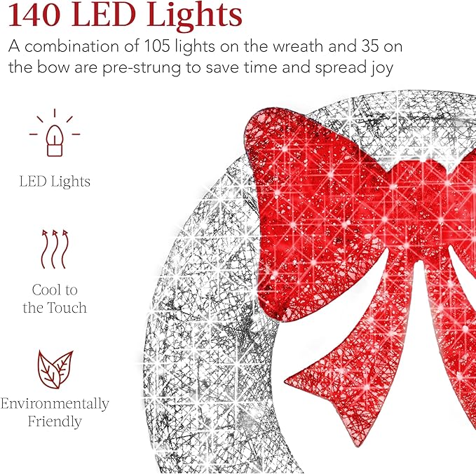 Best Choice Products 48in Pre-Lit Outdoor Christmas Wreath Decoration, LED Metal Holiday Decor for Home w/ 140 Lights, Bow - Silver/Red