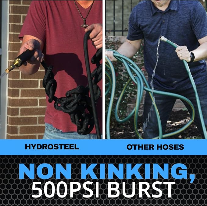 HYDROSTEEL 100 Ft Metal Garden Hose with Sprayer Nozzle, Indestructible 3-Layer Stainless Steel Heavy Duty Water Hose 100 Ft x 5/8 in. Kink Free Design Will Not Kink, Flexible, NON Expandable, 500 PSI