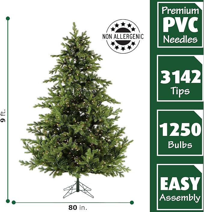 Fraser Hill Farm Woodside Pine Christmas Tree, 9 Feet Tall, Artificial Holiday Tree Includes White Incandescent Smart Lights with Easy to Connect Features