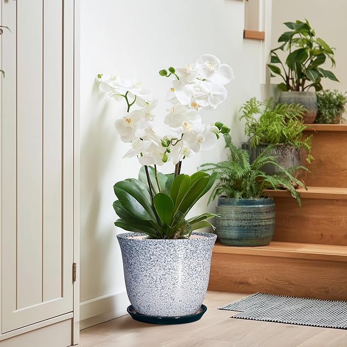 Ceramic Planter - 10 Inch Plant Pot for Indoor Outdoor, Round Planter with Drainage Hole and Plant Tray, Large Decorative Planters, Modern Flower Pot, Home Room Decor, Gardening Gift, Green